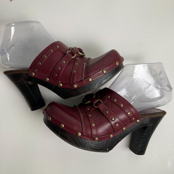 Bongo Vintage Y2k Vegan Leather Studded Heeled Clogs Maroon Gold Size 6 - Picture 1 of 10
